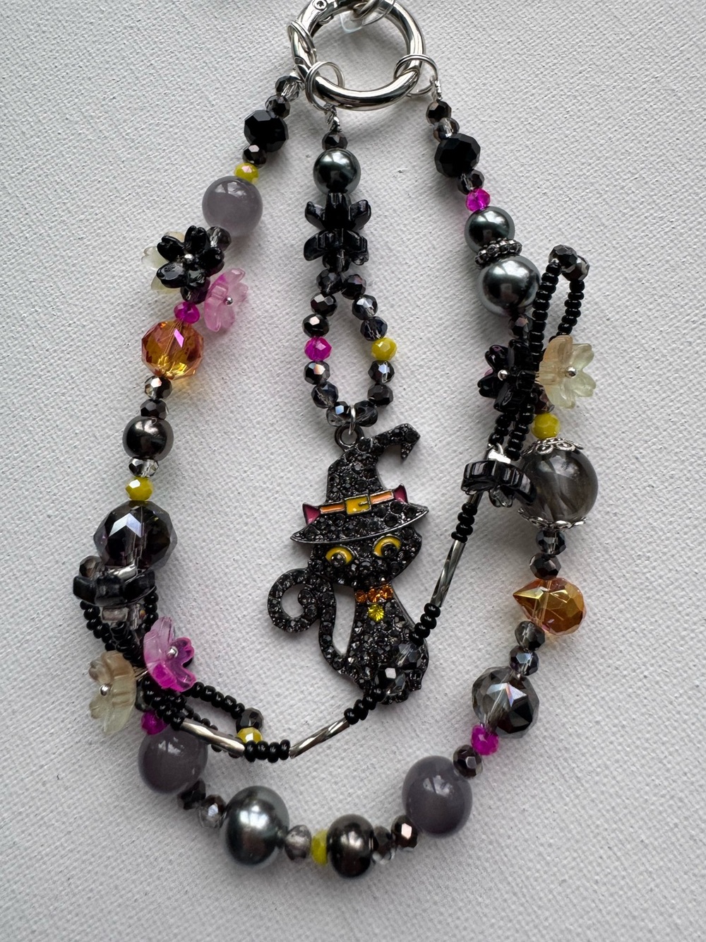 Halloween Handcrafted Black Cat Beaded Statement Phone Charm - Multicolor Accen.
